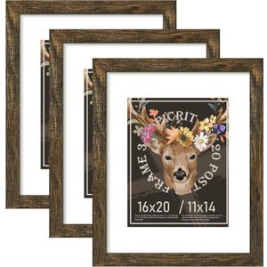 Picrit 16x20 Picture Frame 3 Pack, Brown Poster Frame, Display Poster 11 x 14 with Mat or 16 x 20 without Mat for Horizontal or Vertical Wall Mounting