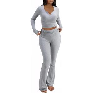 FAIRY SEASON Womens  Fold Over Yoga Flare Pants Pajamas Loungewear Pants (X-Small, Grey)