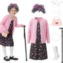 100 Days of School Old Lady Costume for Kids 11 PCS Grandma Granny Costume Old Lady Accessories Outfit for Girls (110(3T / 4T), Black)