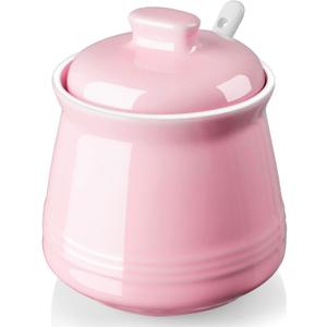 DAYYET Sugar Bowl with Lid and Spoon - 12 oz Ceramic Sugar Bowl with Spoon - Sugar Container for Coffee Bar - Sugar Jar Sugar Dispenser Bowl - Pink Kitchen Decor and Accessories