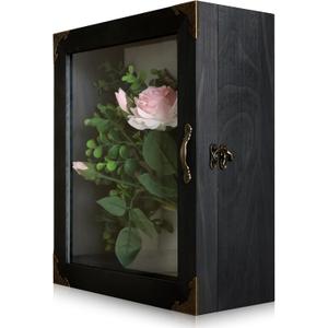 Shadow Box Frame 11x13, Depth 5in Shadow Boxes Display Cases, Acrylic Door, Rustic Burnt Wood, Vintage Metal Accents, Hinged Door, Metal Handle and Latch, Linen Back