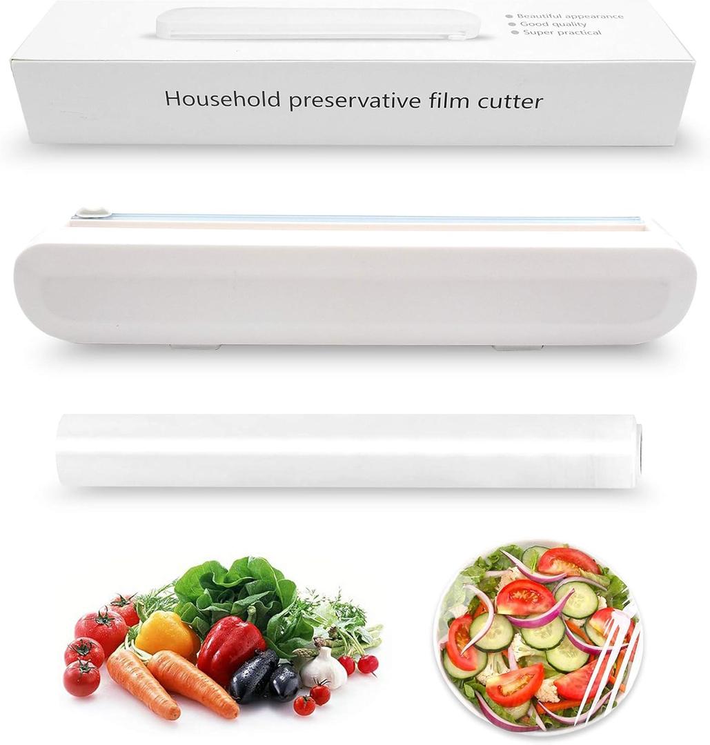 Reusable Plastic Wrap Dispenser with Cutter, Food Wrap Dispenser, Refillable Cling Film/Wax Paper, 1 Roll Plastic Food Wrap Included