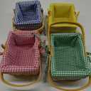 4 Pcs Easter Basket with Double Folding Handles and Gingham Liner Empty Natural Woven Woodchip Picnic Bamboo Handmade Woven Eggs Basket for Picnic, Gift Packing, Storage