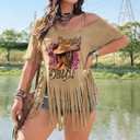 KWSTAIN Tassel Shirts for Women Summer Cold Shoulder Fringe Trim Short Sleeve Graphic Western Cowgirl Outfits Top Tee Blouses (Khaki,S) (Beige, S)