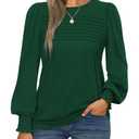 Simlakey Women Long Sleeve Shirt Dressy Casual Blouse 2025 Fall Fashion Pleated Top Trendy Loose Fit Crew Neck Basic Tee (Green,L)