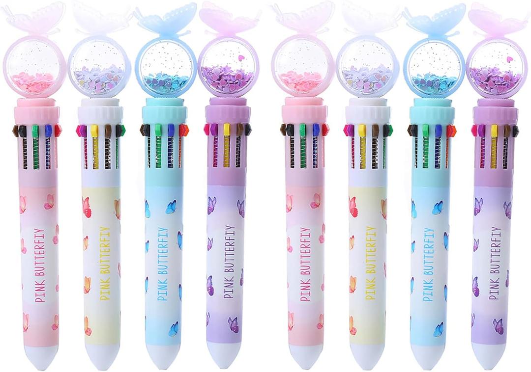 10-in-1 Multicolor Butterfly Retractable Ballpoint Colored Pen 8pcs 0.7mm Colorful Ink Pen Smooth Writing for Work Gifts for Office, Supplies (Butterfly, 8pcs)