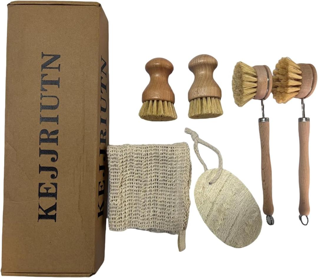 8 Pieces Dish Brush Set, Kitchen Cleaning Set,with Pot Brushes and Cleaning Cloths, Wooden Handle Scrubbers for Kitchen Cleaning Dishes, Pans, Bottles, Pots, Vegetables