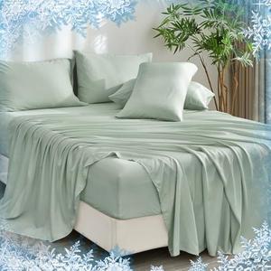 PHF 5 PCS Cooling Sheets Set King Size,100% Rayon Derived from Bamboo for Hot Sleepers Summer,Wider Elastic Band & 16 Inch Deep Pockets,Luxury Silky Soft Breathable Bedding Set&,Sage Green