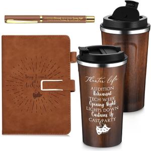 Pickmesh 3 Pcs Theater Gift Set 17 oz Coffee Mug Tumbler A5 Leather Journal with Ballpoint Pen Thank You Gift for Musicians Directors Actor Musical Theater Teacher Retirement Thanksgiving(Brown)