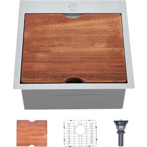 HOTIS 18 X 18 Inch Drop In Bar Sink, Stainless Steel Small Kitchen Sink, Top Mount Deep Workstation Single Bowl, Outdoor Camper Rv Laundry Wet Bar Prep Sinks With Grid & Drain & Cutting Board