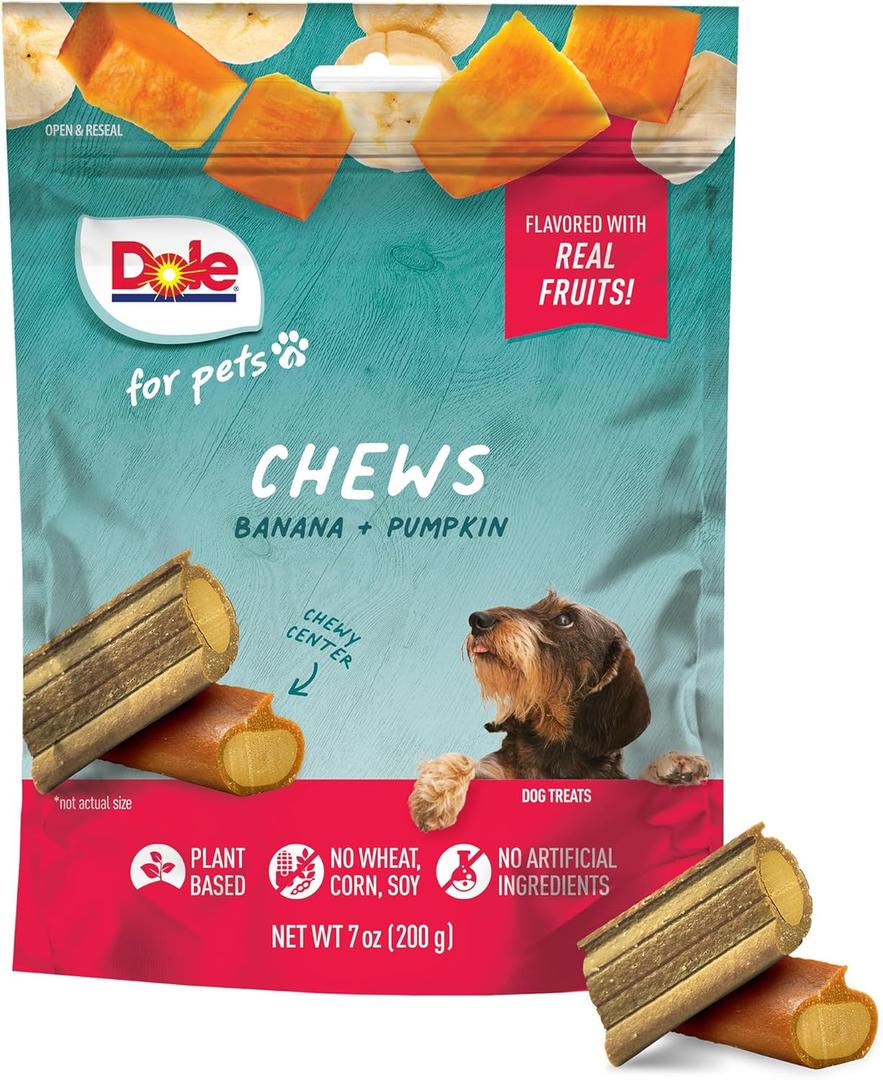 Dole for Pets Freshly Fetched Dog Chews, Assorted Banana & Pumpkin Flavor Dog Treats, 7oz | Flavored with Real Veggies, No Wheat, Corn, Soy, Artificial Flavors, Colors, or Preservatives (7 Ounce (Pack of 1)), Best By: 09/01/2026