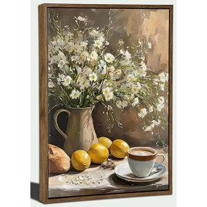 Floating Framed Vintage Floral Still Canvas Wall Art Lemon Kitchen Coffee Painting Picture Wall Decor Neutral Daisy Rustic Country Poster Print Artwork for Kitchen Livingroom Home Decoration
