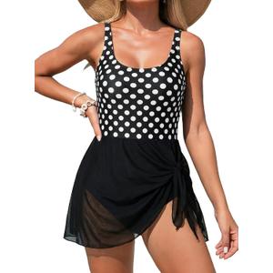 Aleumdr One Piece Swimdress Swimsuit for Women Tummy Control with Mesh Skirt Tie Knot Swim Dresses Bathing Suit,2XL
