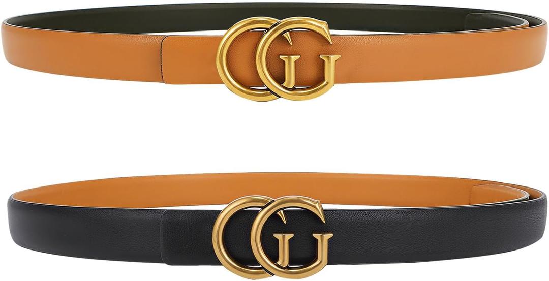 Women Reversible Leather Belt with Fashion G Gold Buckle for Dresses, Jeans, and Coats,width 0.9" (Black)