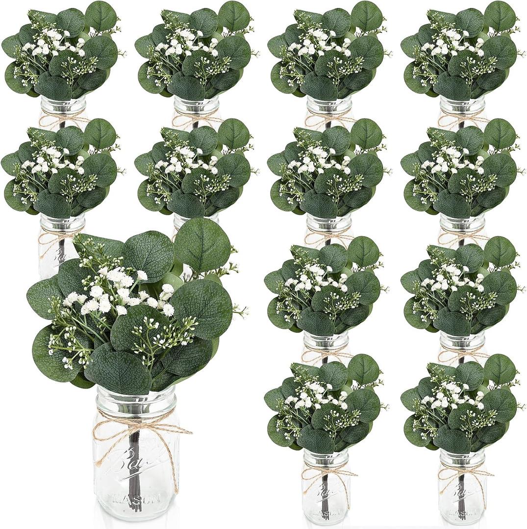 10 Sets Mason Jars for Centerpieces for Table, Eucalyptus Centerpieces for Tables Centerpiece Baby Breaths Table Decorations Wedding Engagement Dining Party Kitchen Living Baby Bridal Shower