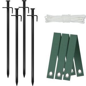 Heavy Duty Steel Tree Stake Kits, Tree Staking and Supports Kits for Young Trees Against Bad Weather, Include 3 PCS Tree Straps for Staking, 4 PCS 11.8 Inch Tree Stakes and 31.2 Feet Rope for Anchoring