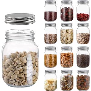 Novelinks 16 OZ Clear Plastic Mason Jars with Airtight Lids - Silver (12 PACK) for Kitchen & Household Storage
