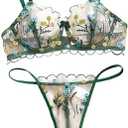 Two Piece Lace Panty and Bralette for Women Sexy Floral Embroidery Mesh Sheer Bra and Thong Lingerie Set Sleepwear Green XL