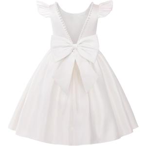 Uhnice Flower Girl Satin Dress with Pearls Flutter Sleeves V Back Gown with Removable Bow for Wedding Birthday Party (4-5T)