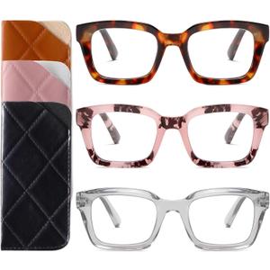 Readers for Women Oprah Style Square Reading Glasses with Spring Hinge Blue Light Blocking for Men Ladies (Gray & Tortoiseshell & Handmade Pink (With 3 Cases))