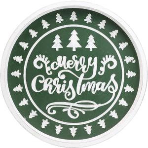 Christmas Wood Decorative Ottoman Tray for Coffee Table Kitchen Counter, Living Room, Round Handcrafted Green Wooden Serving Tray for Table Centerpiece (12")