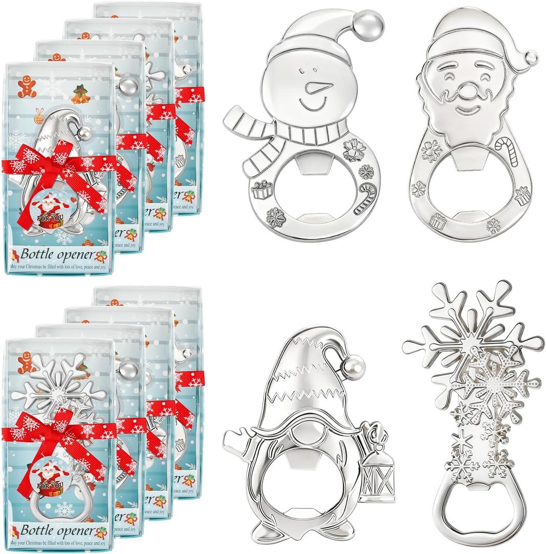 24Pcs 4 in 1 Christmas Beer Bottle Opener Set, Santa Claus Xmas Snowman Gnome Snowflake Bottle Openers with Gift Box, Winter Theme Party Decoration Festive Souvenirs Favors for Guests Coworker Gifts (Silver)