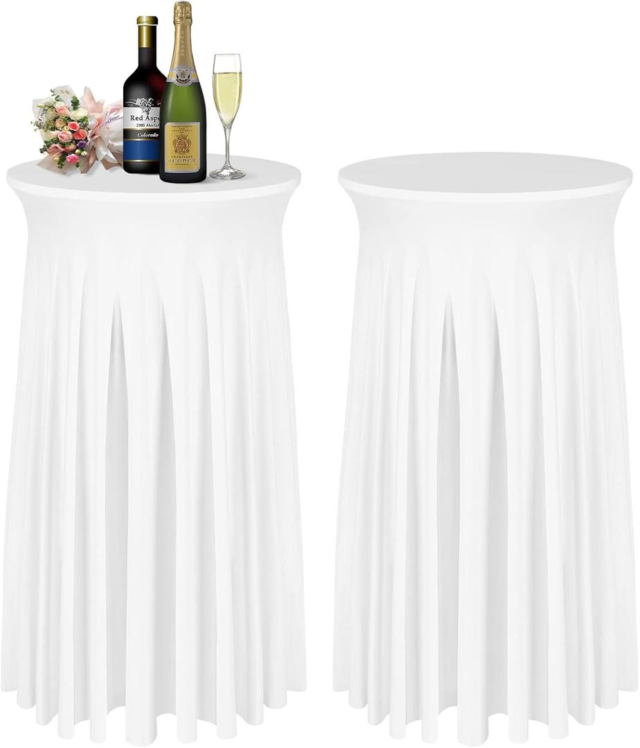 Cocktail Table Covers - 2 Pack 24"x 43" White Cocktail Table Tablecloth with Natural Wavy Round Skirt for Bar Wedding Party Banquet