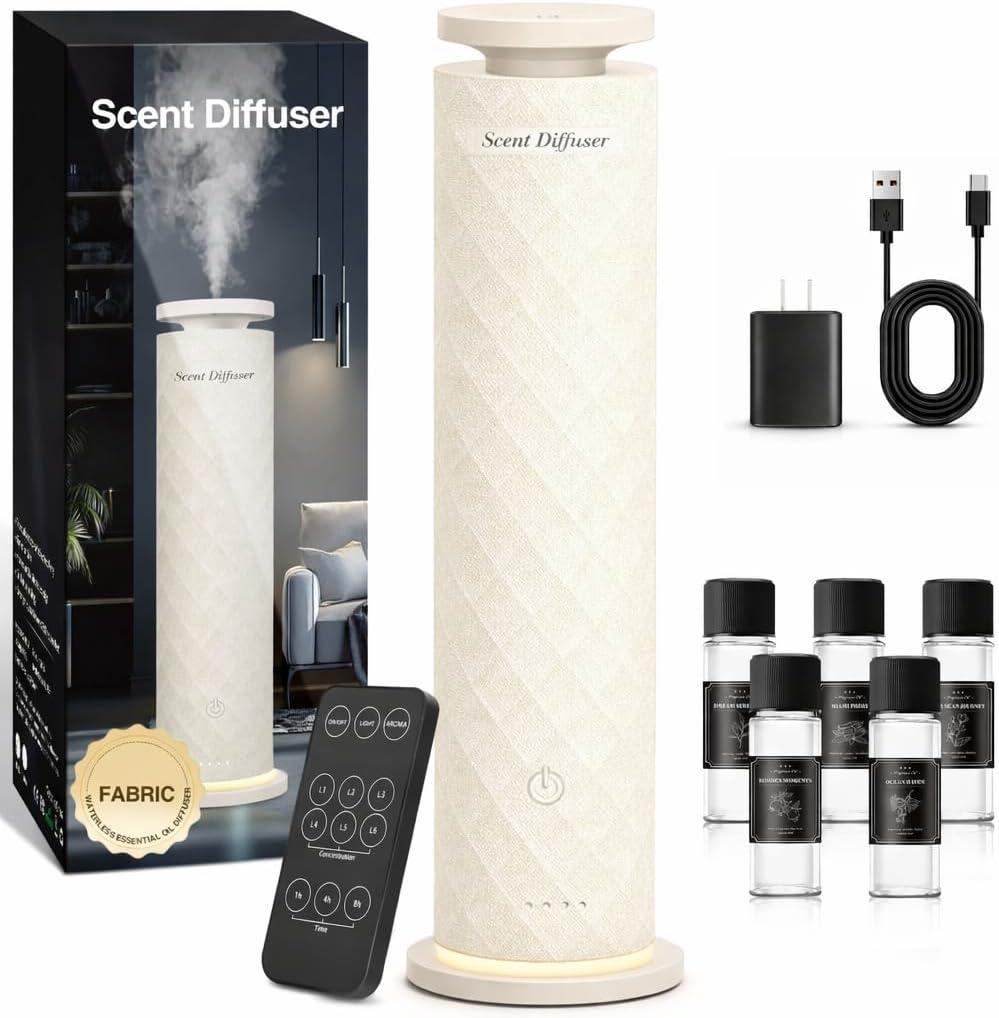 Waterless Scent Diffuser Starter Kit with 5 Oils, Luxury Hotel Style Cold Air Diffuser Oil Machine for Home, 1000 Sq Ft Coverage, Quiet Nebulizing Aromatherapy with Remote, Tower Fabric Design, Cream