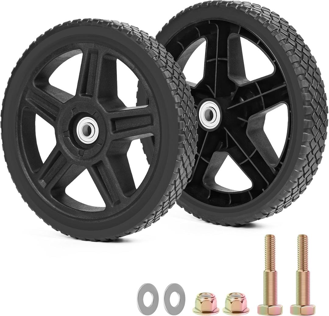 10 Inch Lawn Mower Wheels Kits Universal 10" Push Mower Wheels with 1/2" Bearing, Bolts & Nuts, Plastic Replacement Tires for Most Standard Garden Tiller, Pressure Washer, Handtruck, 2 Pack