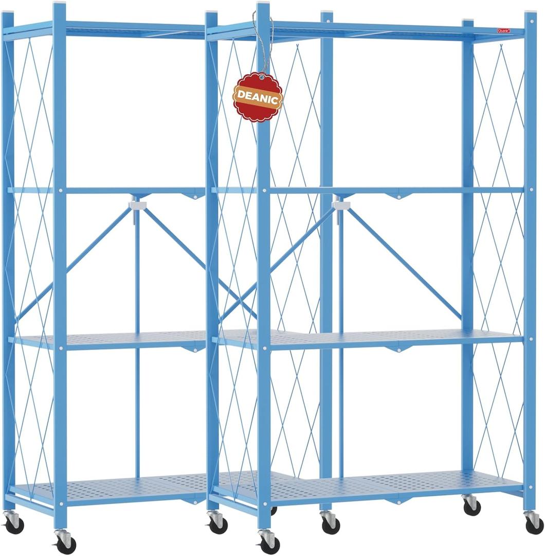 DEANIC 4 Tier Foldable Storage Shelves with Wheels, Large Capacity Shelving Unit, Freestanding Metal Wire Shelf Rack, No Assembly Organizer Rack for Garage Kitchen, Basement, Pantry(Blue Pack of 2)