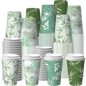 100 Pcs Greenery Disposable Coffee Cups with Lids 12oz Sage Green Themed Leaves Pattern Paper Cups Travel Coffee Mugs for Spring Summer Party Outdoor Picnic Wedding Restaurant Supplies
