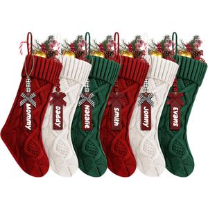 6Pack Personalized Christmas Stockings with Wooden Name Tags, 18 inches Xmas Cable Knitted Stocking for Holiday, Hanging Decoration Gifts for Family Party(White&Red&Green)