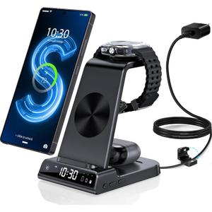 Wireless Charger for Samsung Charging Station with Clock for Samsung Galaxy S25 Ultra/S24 Ultra/Z Flip 7/Fold 6/Bud, 3 in 1 Android Charging Station, Watch Charger for Samsung Galaxy Watch 8/7/6/5Pro (Black)