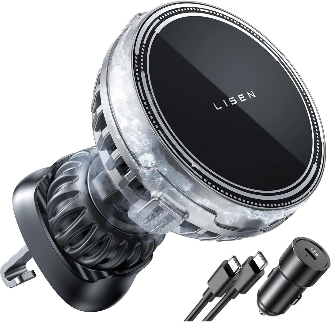 LISEN for 15w Fan MagSafe Car Mount Charger - [Fastest Cooling Charger] Magnetic Phone Wireless Charging Mount for iPhone 16/15/14/13/12 Pro Max/Plus/Mini - Ice Cooler Magnetic Phone Holder, Silver (Sliver)