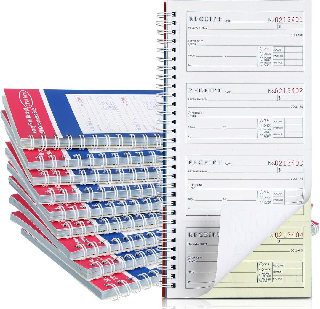 Crtiin Books Money and Rent Receipt Book 2 Part Carbonless Receipt Log Book with Carbonless Copies, Spiral Bound, 200 Sets Per Book, 4 Receipts Per Page, 5.25 x 11 Inch(10 Pcs)