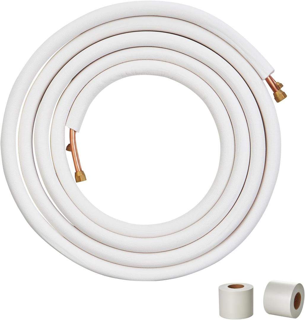 VEVOR 25FT Mini Split Line Set, 3/8" & 5/8" O.D Copper Pipes Tubing and Triple-Layer Insulation, for Mini Split Air Conditioning Refrigerant or Heating Pump Equipment & HVAC with Wrapping Strips