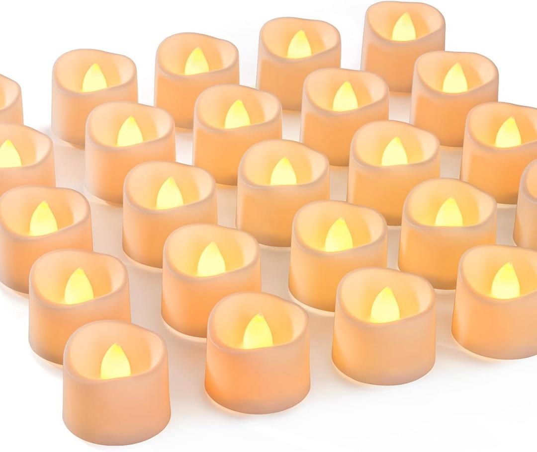 Homemory 48-Pack Novelty Flickering Flameless Tea Lights Candles, 200+Hours Battery-Operated LED Fake Candles for Wedding Table Centerpieces,Proposal,Anniversary, White Base, 1.5''xH1.3 (Bright Amber Glow, White Base)