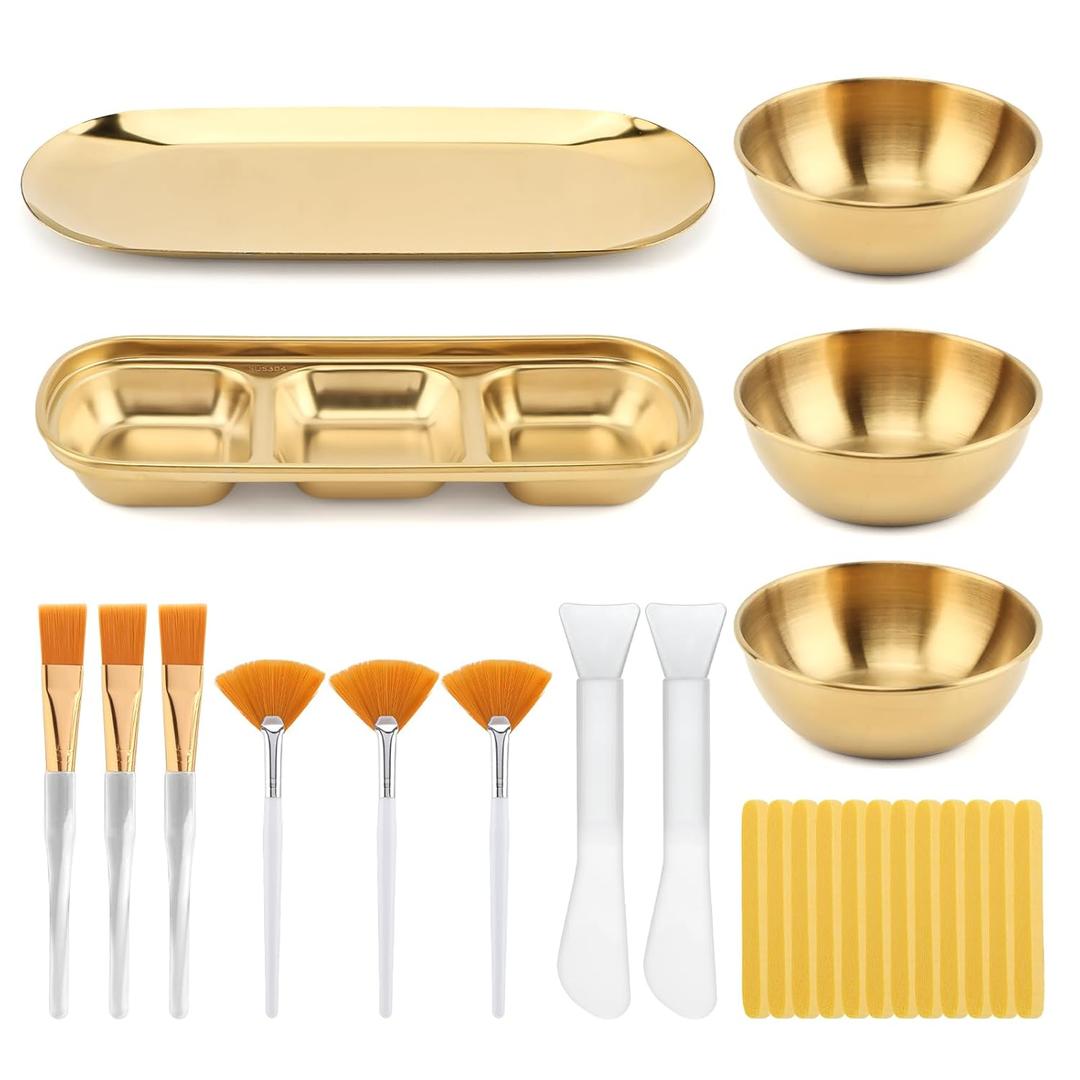 25pcs Esthetician Supplies for Facials, 3 Gold Mixing Bowls, 3 Compartment Serving Tray, 3-Facial Fan Brushes, 3-Face Mask Applicator Brush, 12 Compressed Sponge, for Women Facial Mask Mixing Kit