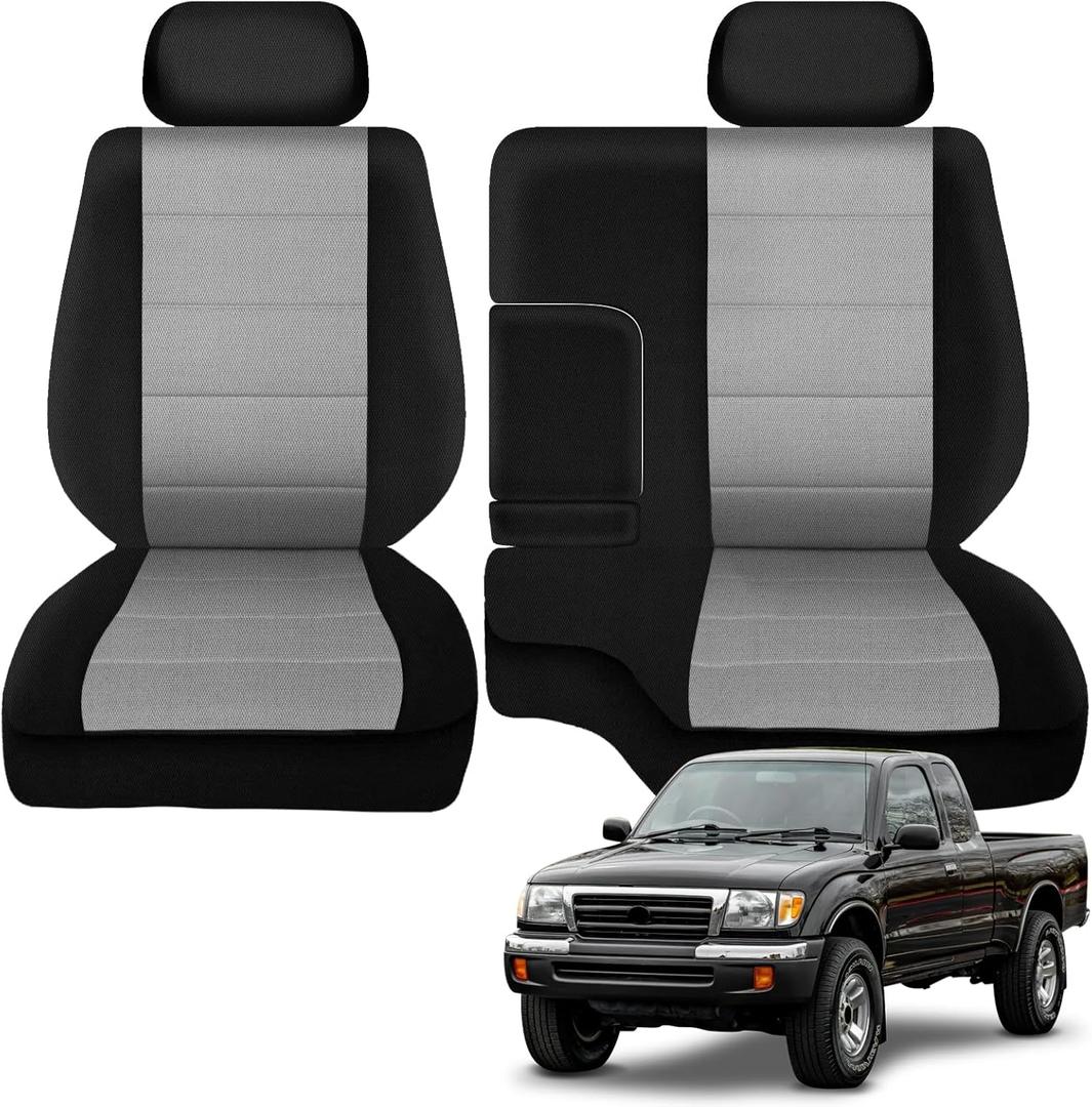 SAPUBK Front Seat Covers Replace for 1995-2000 Toyota Tacoma 60/40 Front Bench with Center Console, Driver and Passenger Knitted Fabric Composite Soft Foam Lining Airmesh Breathable Seat Cover (Black&Light Grey)