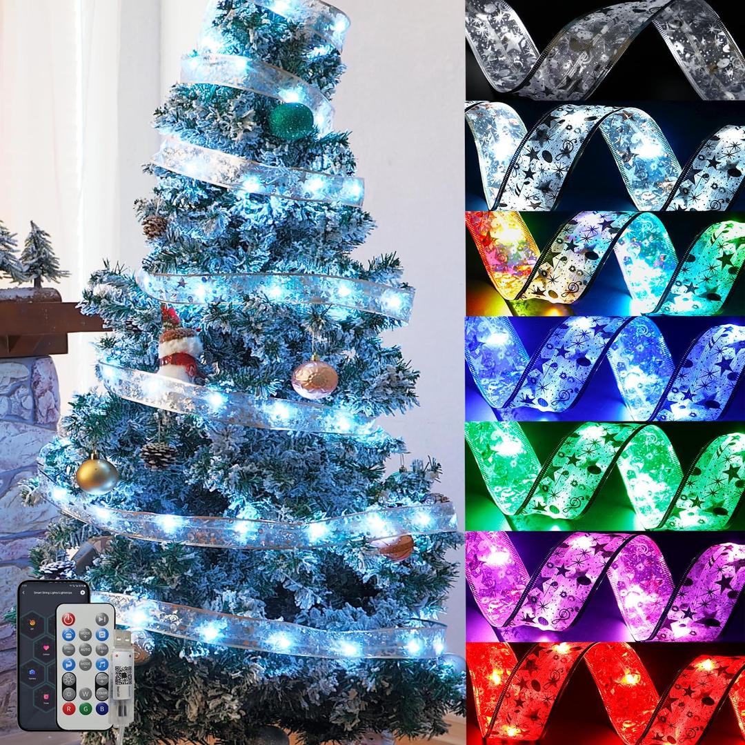 BraveDream 33FT Smart Christmas Ribbon Lights, Color Changing Lighted Ribbon, 100 LEDs, 80 Modes, APP & Remote Control, Music Sync, Timer, USB Powered, Extendable via App for Tall Xmas Tree, Golden