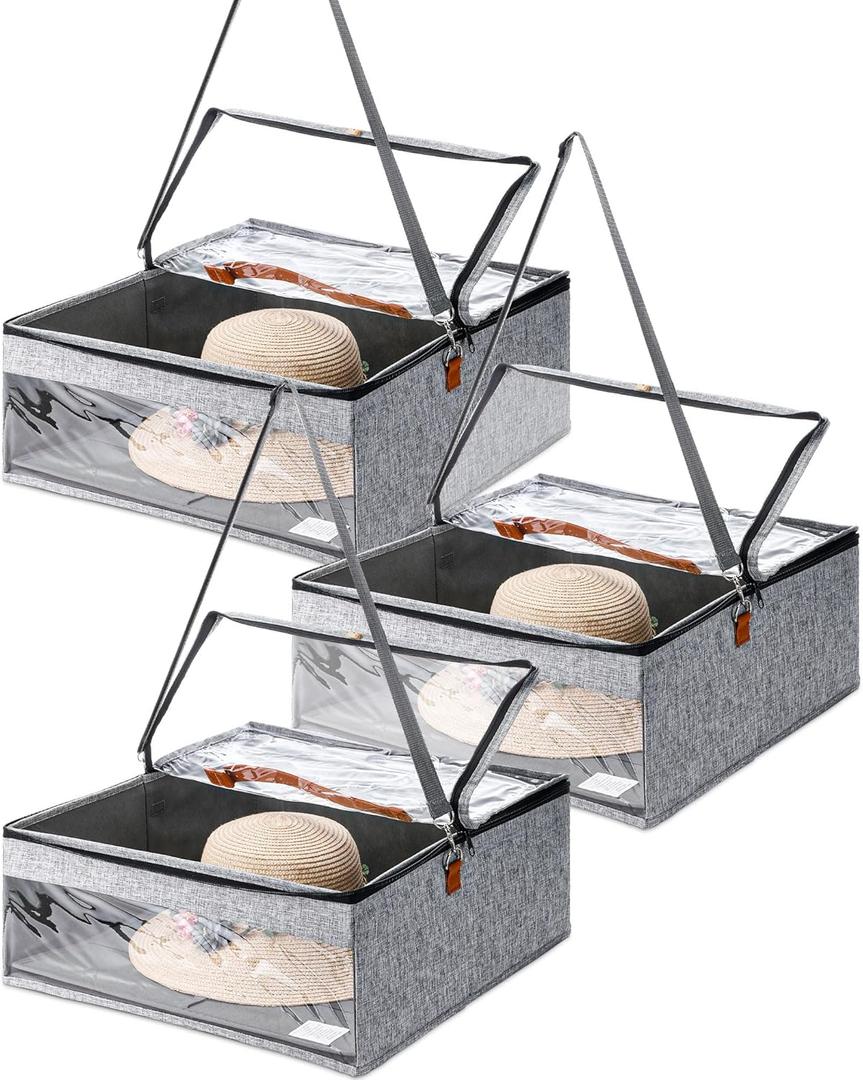 Kigley 3 Pcs Hat Storage Boxes, Hat Travel Case, Hats Organizer with Lids Cowboy Hat Holder for Baseball Caps Collapsible Foldable Stackable Hat Box for Men Women Home Closet, Grey