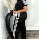 HBQ Women's Two Piece Tracksuit Set Short Sleeve Zip Up Polo Top Side Stripe Flare Pants with Pocket Athletic Casual Outfit XL