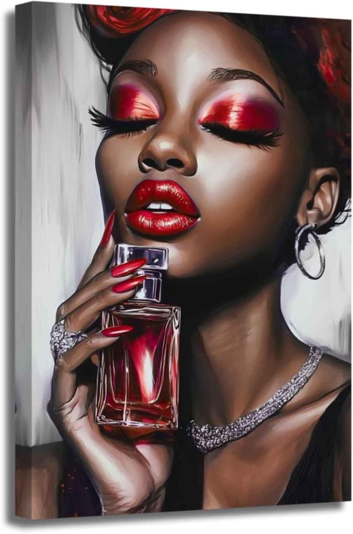 ZSHARTSWD African American Wall Art Black Women with Perfume Picture Fashion Black Girl Portrait Canvas Print Sexy Lips Painting Bedroom Bathroom Decor Framed (Red, 20L x 16W)