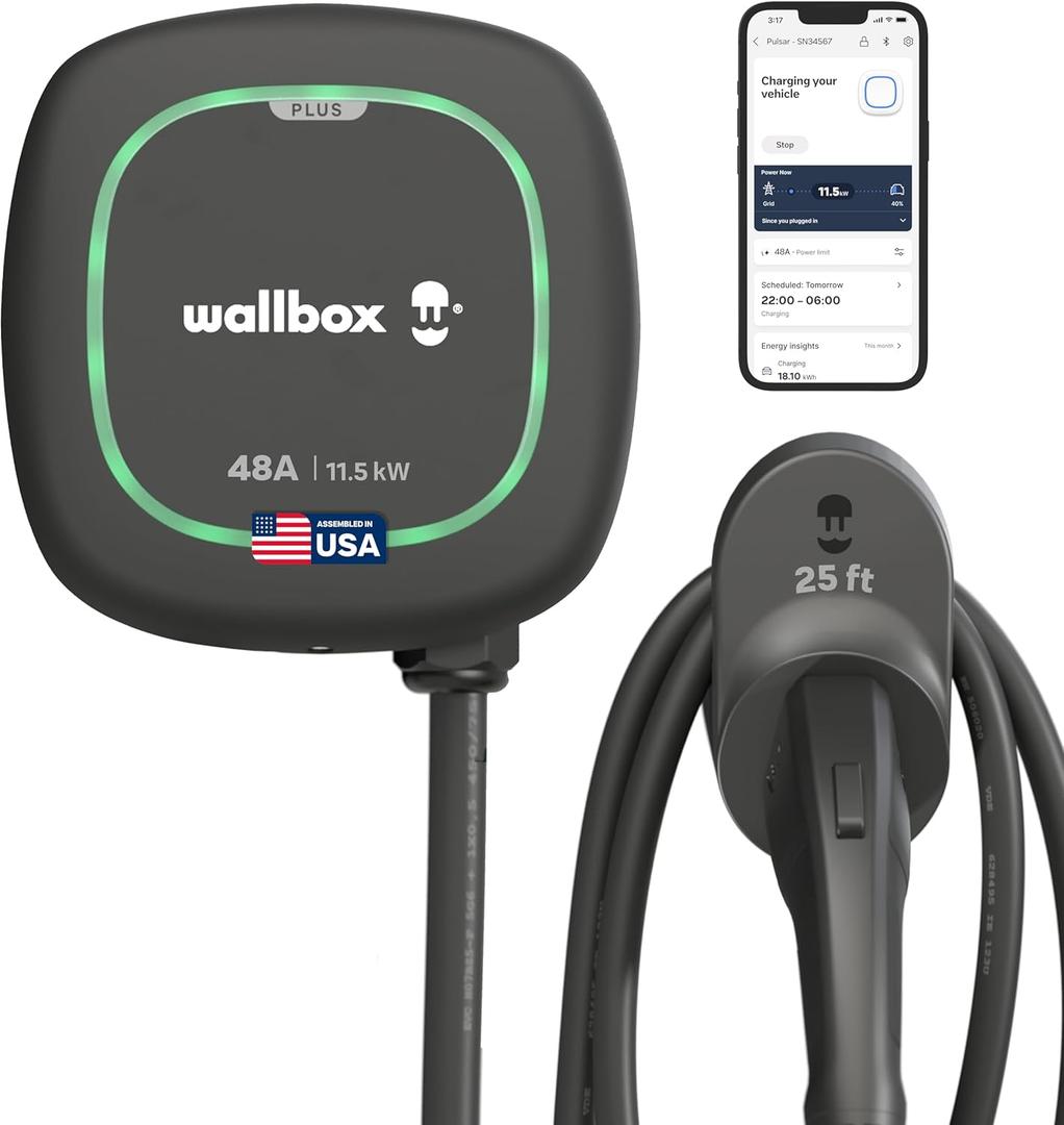 Wallbox Pulsar Plus Level 2 EV Charger 48 Amp - 11.5kW 240V Wall Home EV Charger - J1772 25ft Cable - Outdoor and Indoor EVSE - Energy Star and UL Certified - Assembled in USA - Matte Black