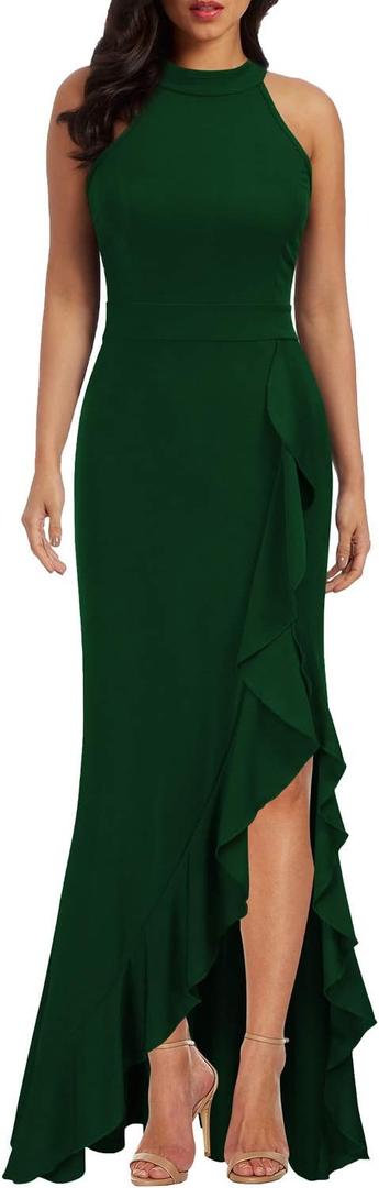 WOOSEA Women's High Neck Split Bodycon Mermaid Evening Cocktail Long Dress (Green)