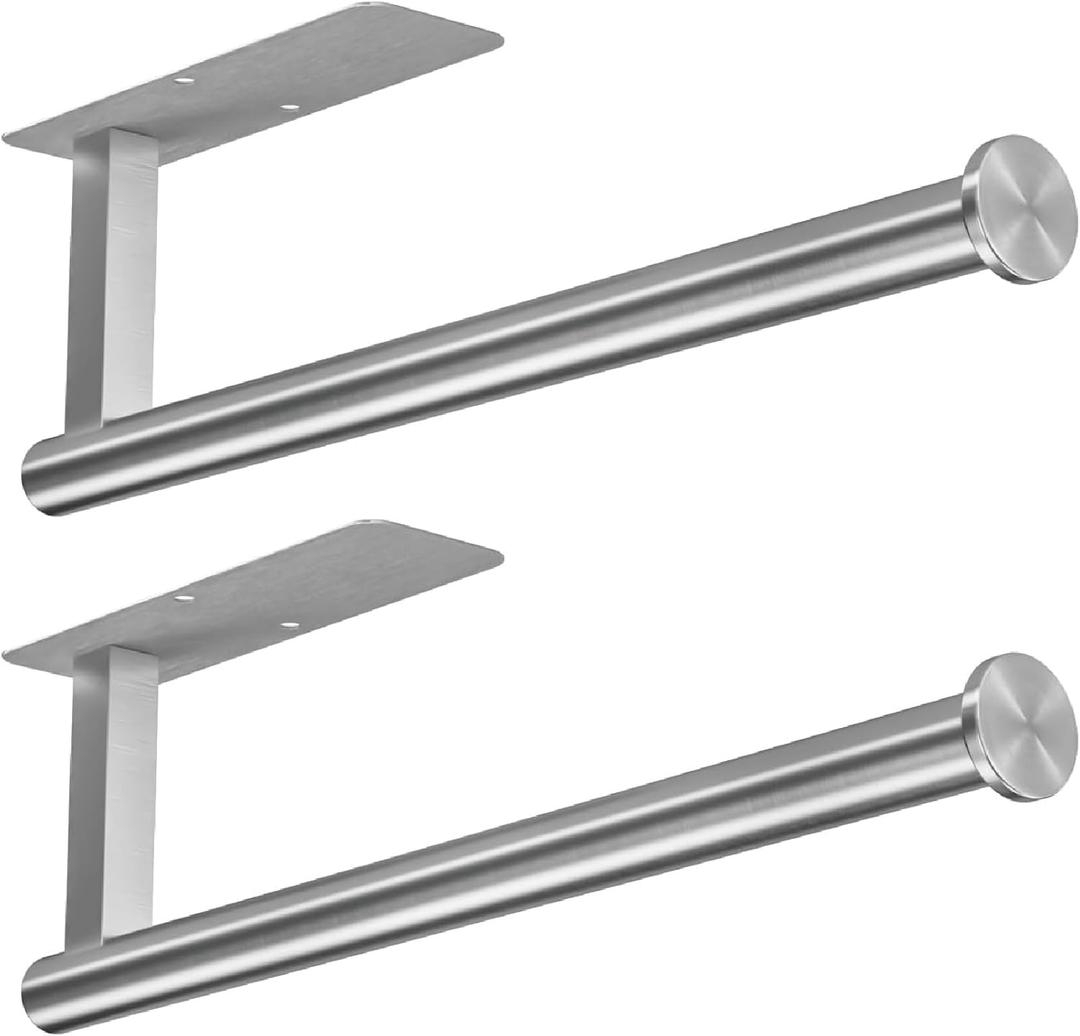 ASTOFLI Paper Towel Holder Under Cabinet No Drilling, Self Adhesive Paper Towel Holder Wall Mount for Kitchen Rack, Under Counter Napin Holder No Drill, RV, 304 Stainless Steel, Silver 2 Pack