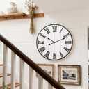 Large Rustic Wooden Wall Clock, 24 Inch Whitewashed Farmhouse Wall Clock with Carved Roman Numerals, Silent Battery Operated Round Vintage Clock for Living Room, Kitchen, Bedroom, Study Room
