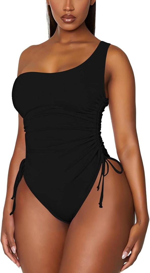 Viottiset Women's One Shoulder Ruched One Piece Swimsuit Tummy Control High Cut Cheeky Bathing Suit (S, Black)