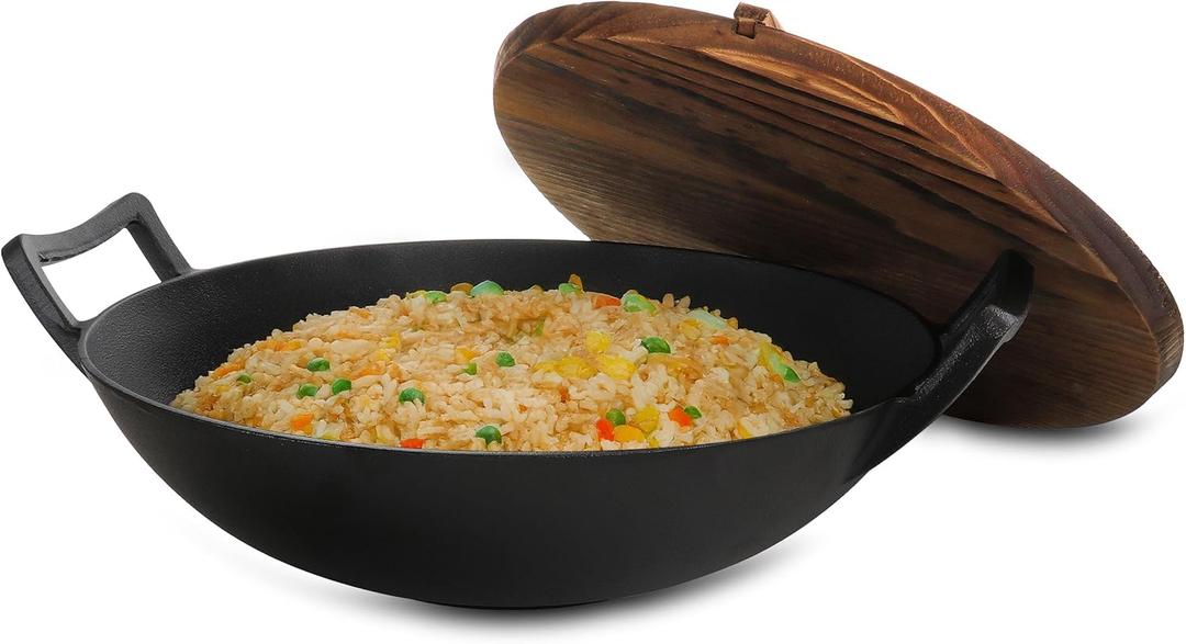 Megachef 14 Inch Pre-Seasoned Cast Iron Wok with Lid