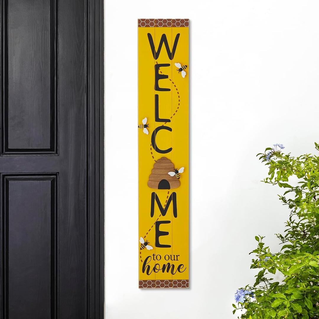 Glitzhome 42" H Welcome Sign for Front Porch, Rustic Solid Wood Welcome Porch Sign with Bee Vertical Standing or Hanging Signs for Porch Door Home Yard Indoor Decor ("Welcome" With Bee)